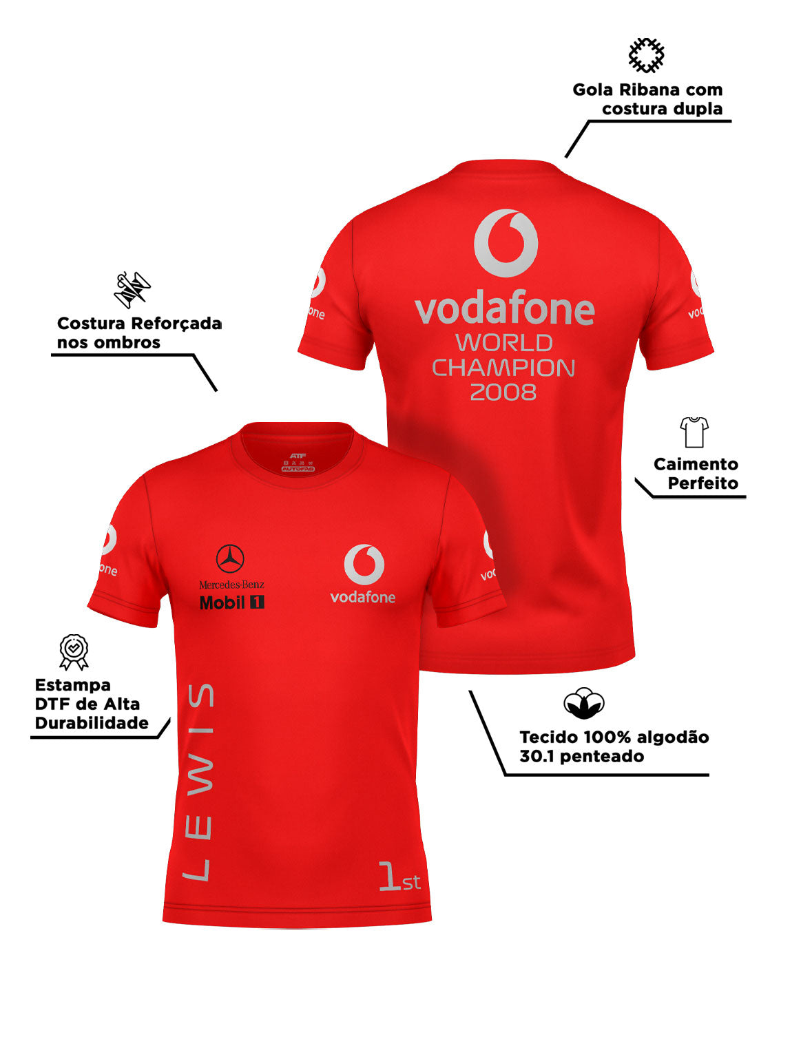 Lewis Hamilton Mclaren Vodafone 2008 WDC Cotton T-Shirt