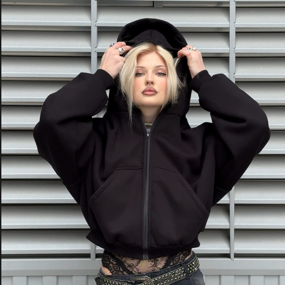 Balaclava Hoodie worn with hood down