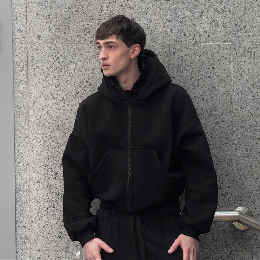 Balaclava Hoodie worn with the hood up