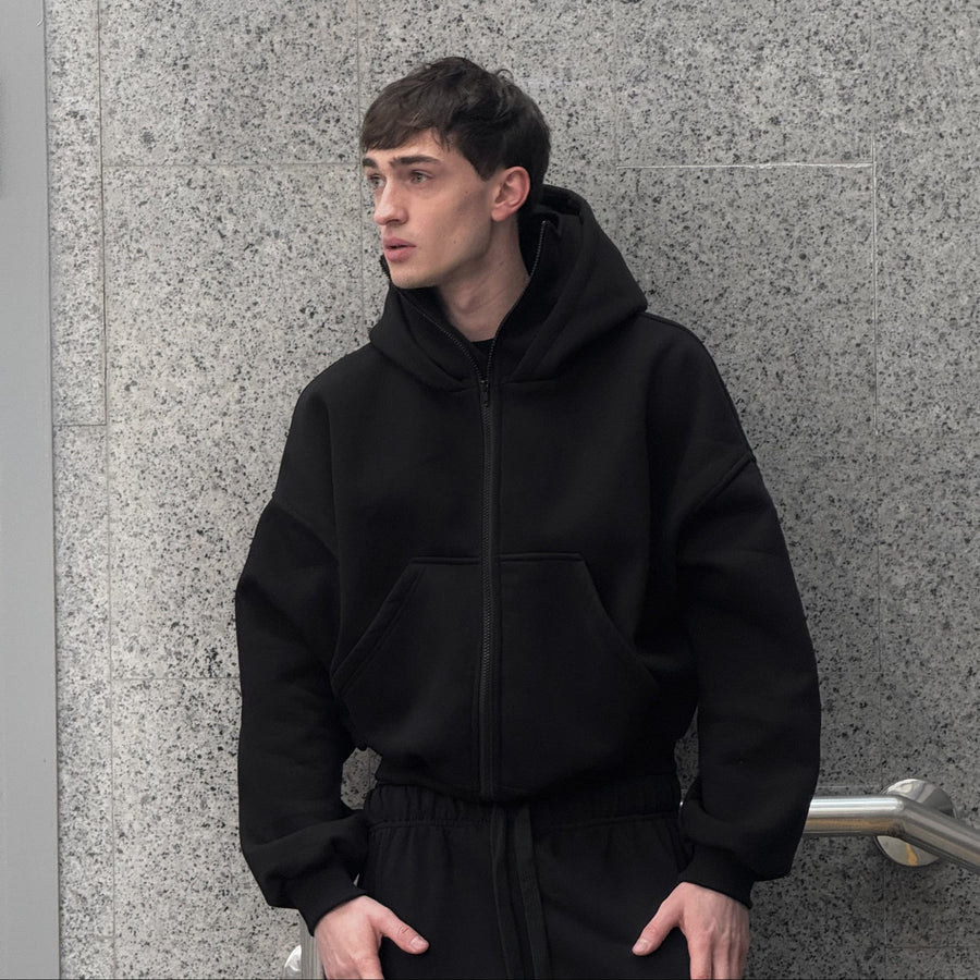 Balaclava Hoodie in black, hood up